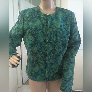 SILK Maggy London Emerald & Teal Patterned Blazer ZIP UP LIGHTWEIGHT LINED SZ.14
